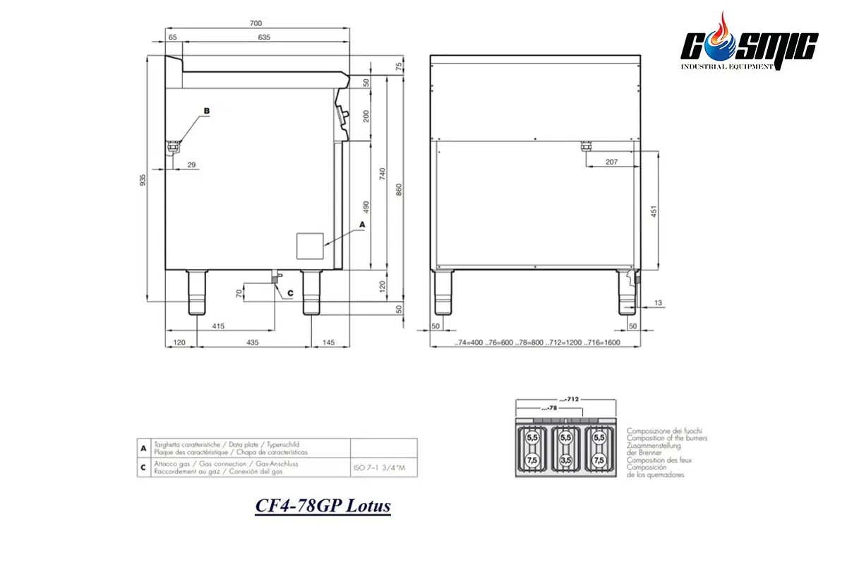 The diagram of the structure of the Lotus CF4-78GP European 4-burner gas stove with a baking oven.