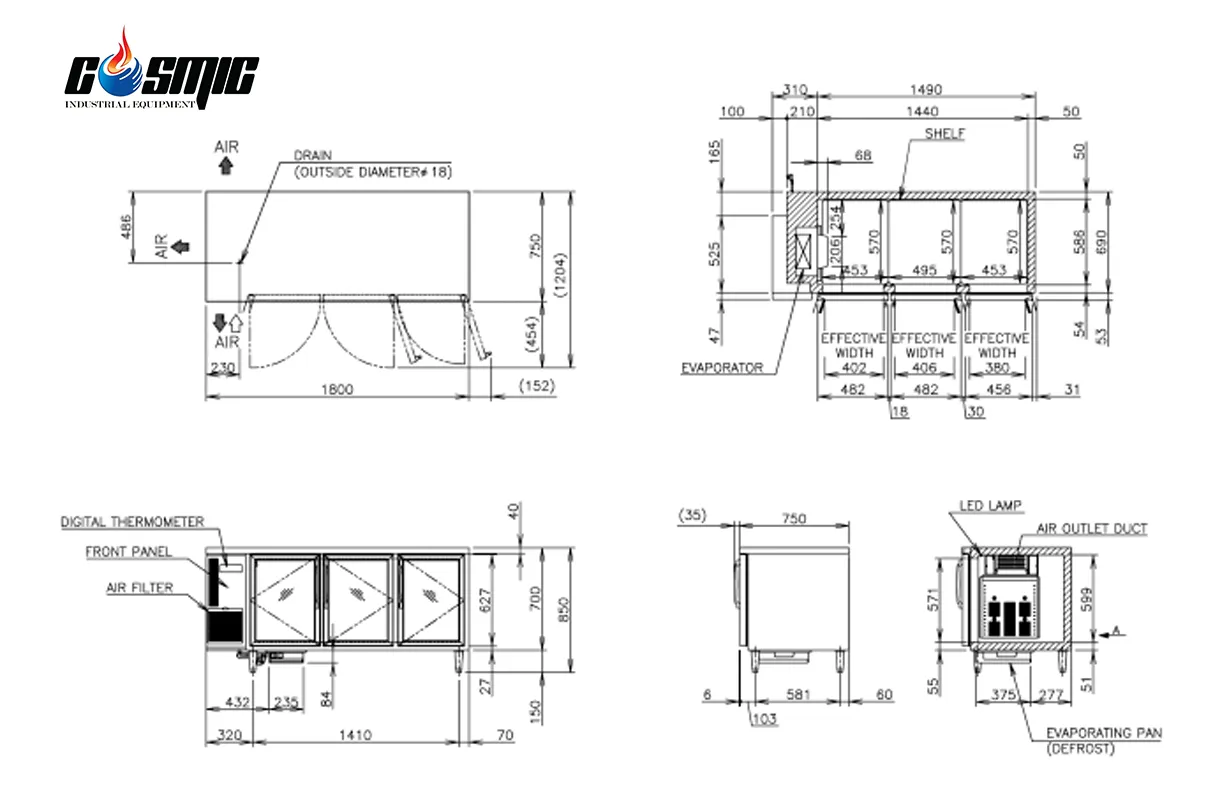 Hình ảnh bản vẽ chi tiết về bàn mát 3 cánh